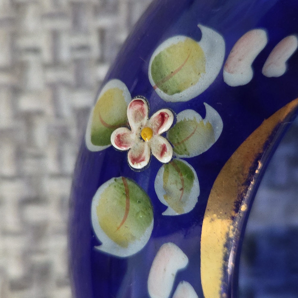 Hand-Painted Floral Cobalt Blue Glass Trinket Dish/Bowl/Ashtray Czech - Picture 11 of 13
